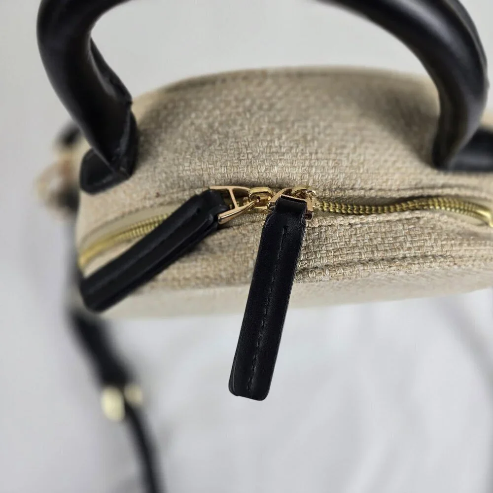 Moda Luxe Round Crossbody Bag w/ Top Handle Cream Cotton Black Faux Leather